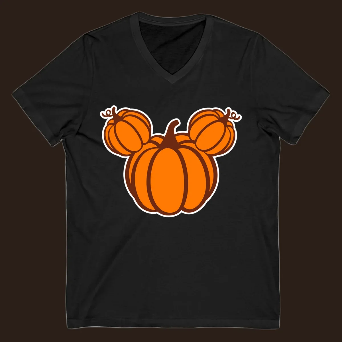 Mickey pumpkin head graphic with orange pumpkins and brown outlines.