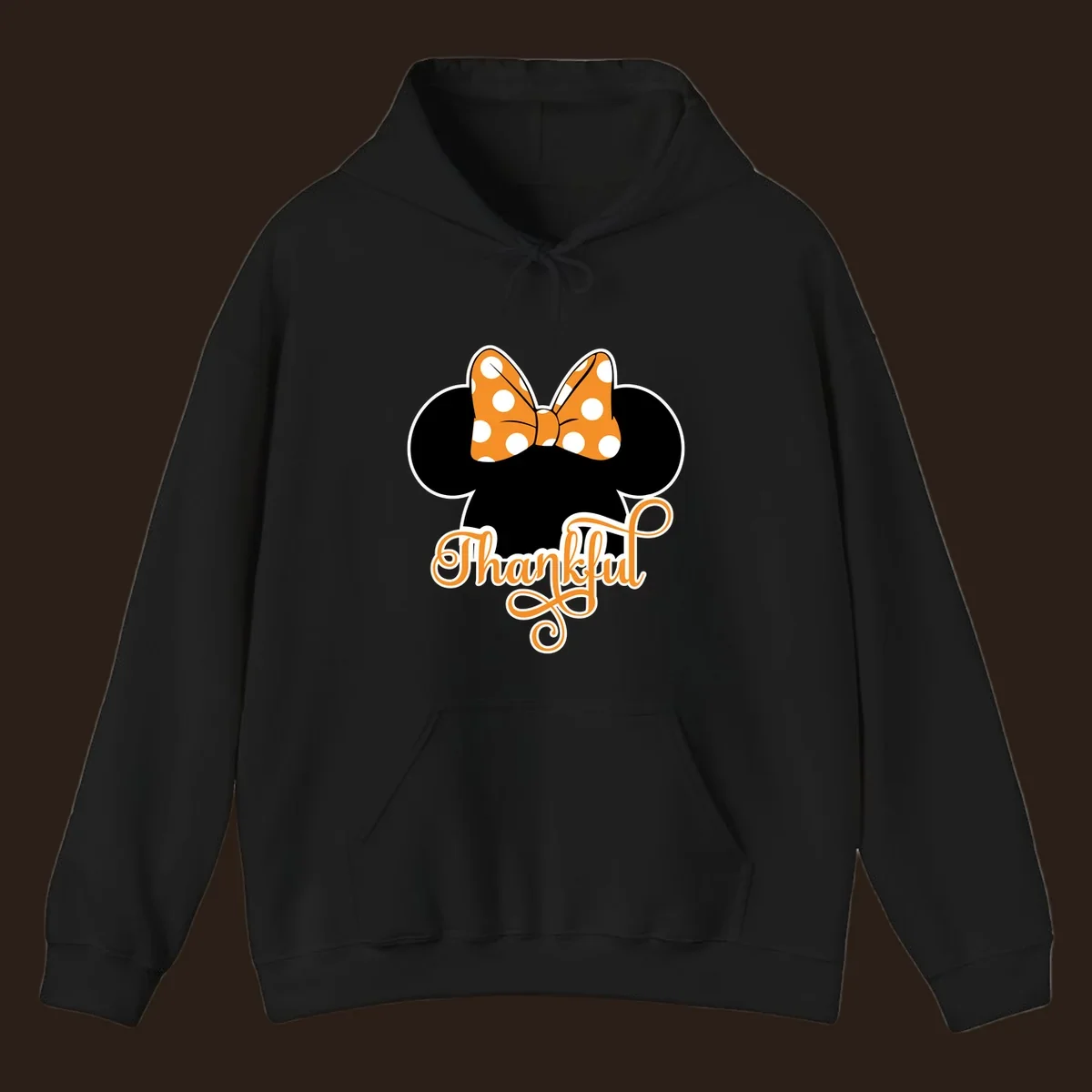 Minnie Mouse ears with orange polka dot bow and "Thankful" text, perfect for Thanksgiving.