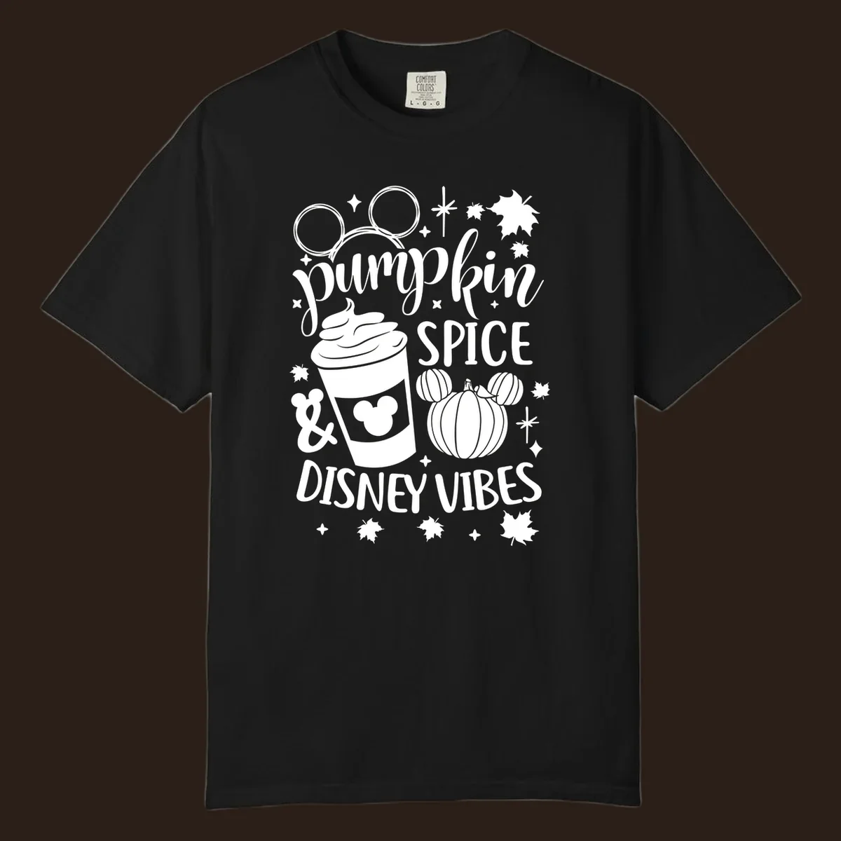 Pumpkin spice and Disney vibes text with Mickey ears, coffee cup, and pumpkin graphic. Pumpkin-spice-disney.