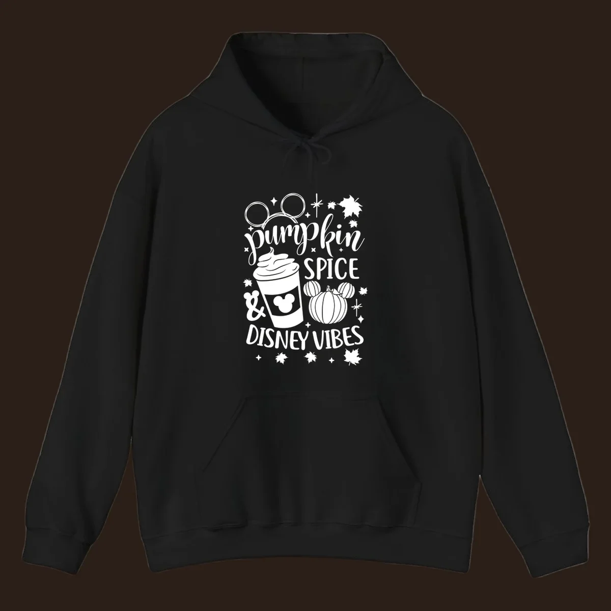 Pumpkin spice and Disney vibes text with Mickey ears, coffee cup, and pumpkin graphic. Pumpkin-spice-disney.