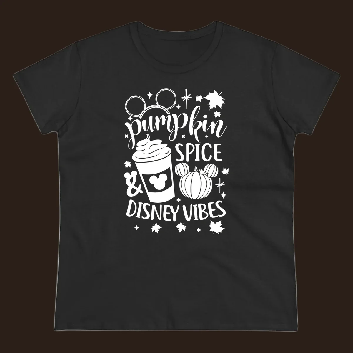 Pumpkin spice and Disney vibes text with Mickey ears, coffee cup, and pumpkin graphic. Pumpkin-spice-disney.