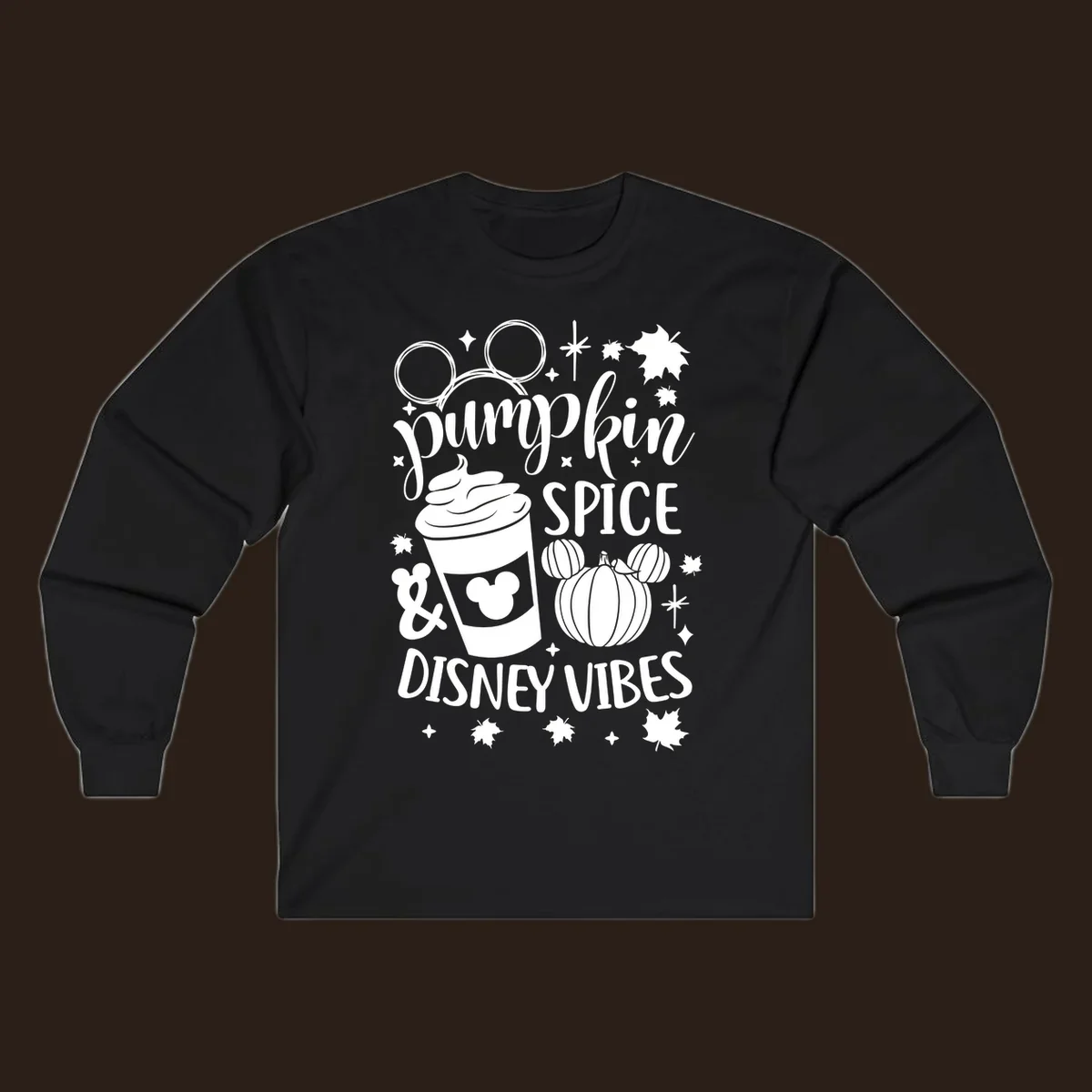 Pumpkin spice and Disney vibes text with Mickey ears, coffee cup, and pumpkin graphic. Pumpkin-spice-disney.