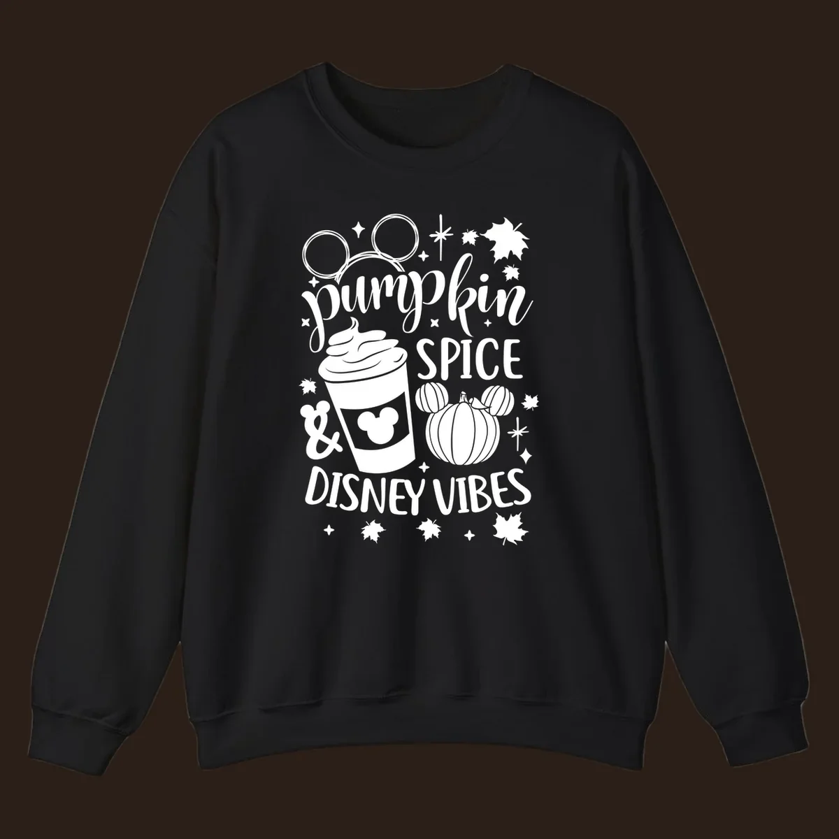 Pumpkin spice and Disney vibes text with Mickey ears, coffee cup, and pumpkin graphic. Pumpkin-spice-disney.