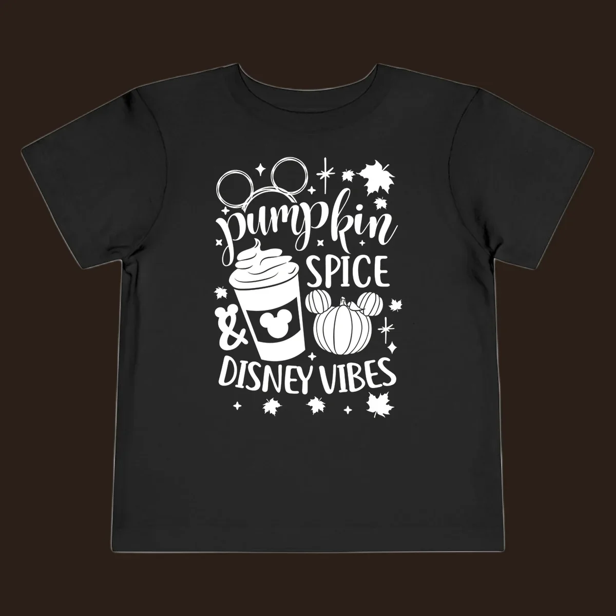Pumpkin spice and Disney vibes text with Mickey ears, coffee cup, and pumpkin graphic. Pumpkin-spice-disney.
