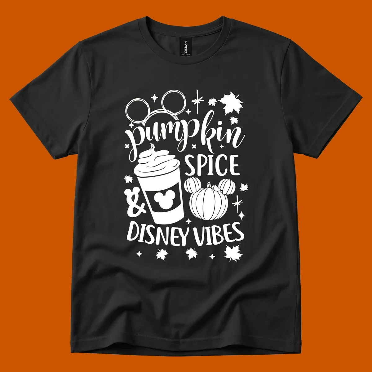 Pumpkin spice and Disney vibes text with Mickey ears, coffee cup, and pumpkin graphic. Pumpkin-spice-disney.