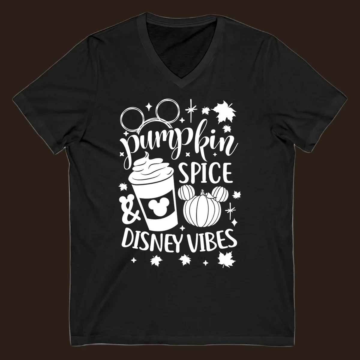 Pumpkin spice and Disney vibes text with Mickey ears, coffee cup, and pumpkin graphic. Pumpkin-spice-disney.