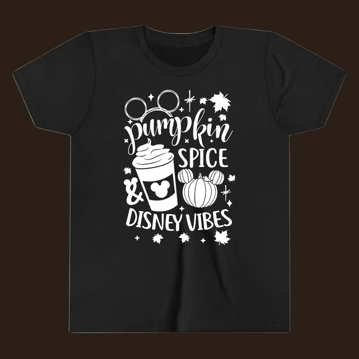 Pumpkin spice and Disney vibes text with Mickey ears, coffee cup, and pumpkin graphic. Pumpkin-spice-disney.