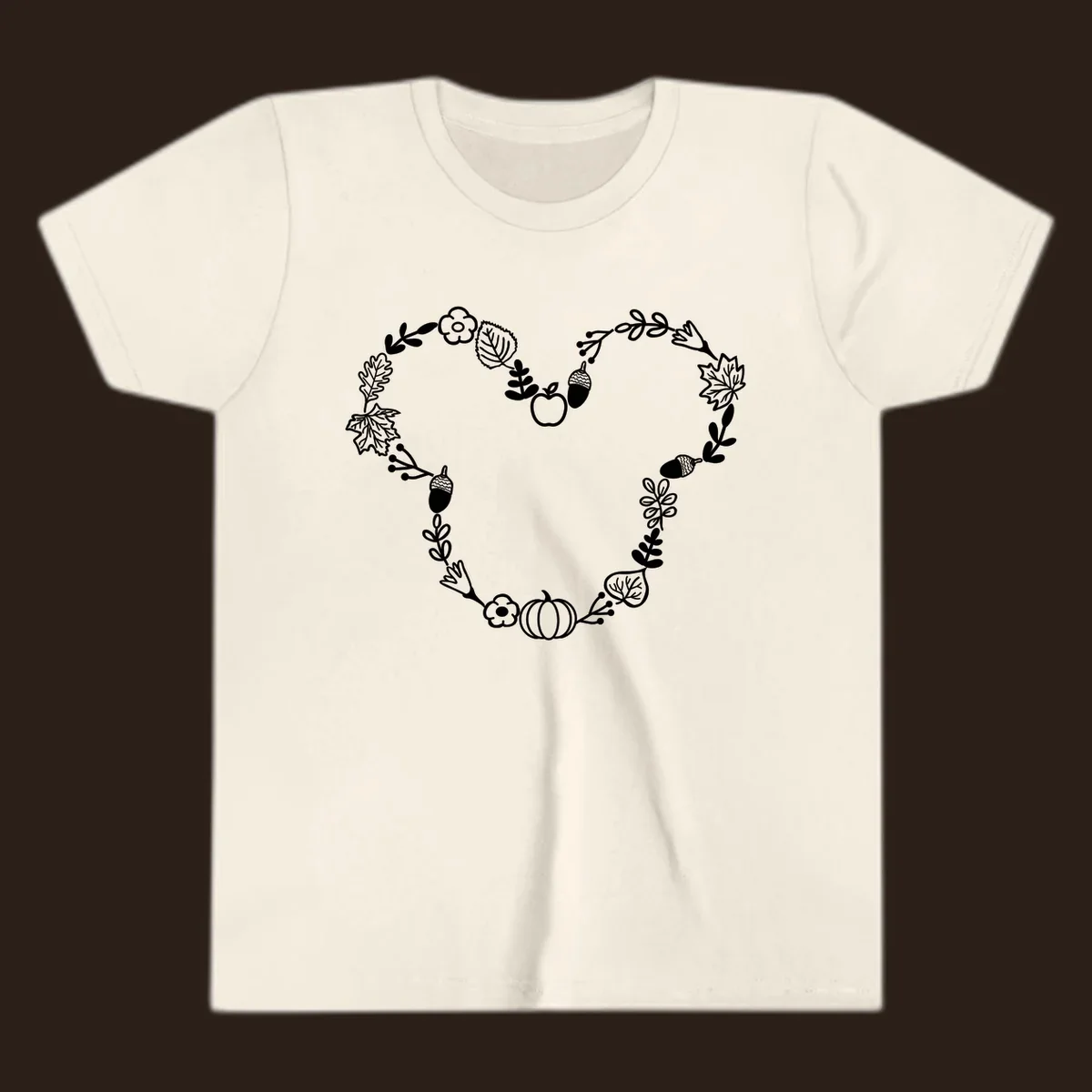 Heart shaped autumn wreath with leaves, acorns, pumpkin, and flowers. Outline design.