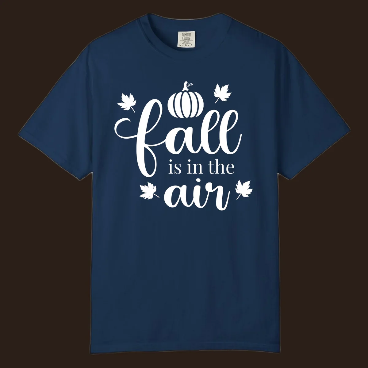 Fall is in the air phrase with pumpkin and maple leaves graphic.