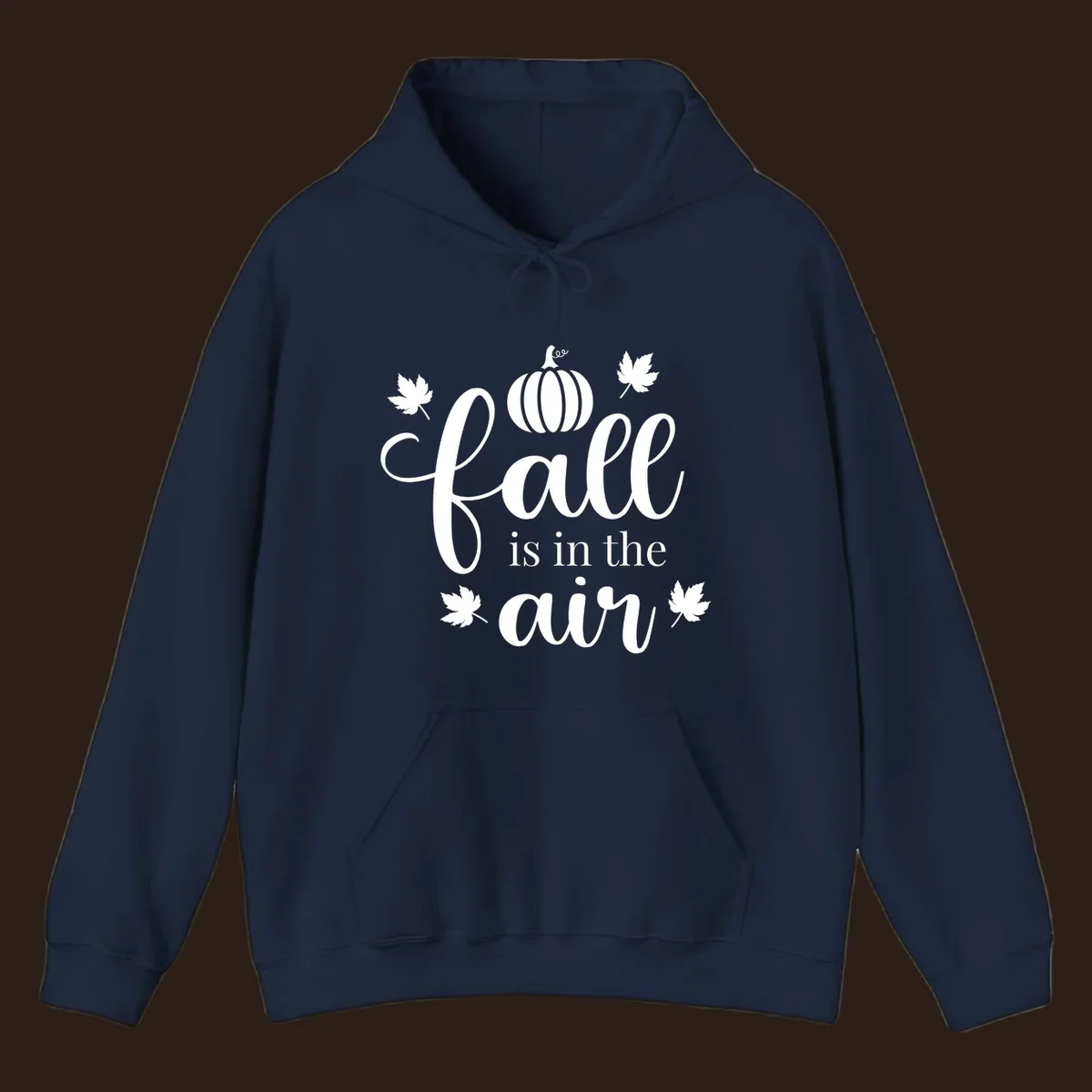 Fall is in the air phrase with pumpkin and maple leaves graphic.