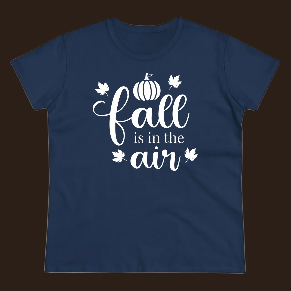 Fall is in the air phrase with pumpkin and maple leaves graphic.