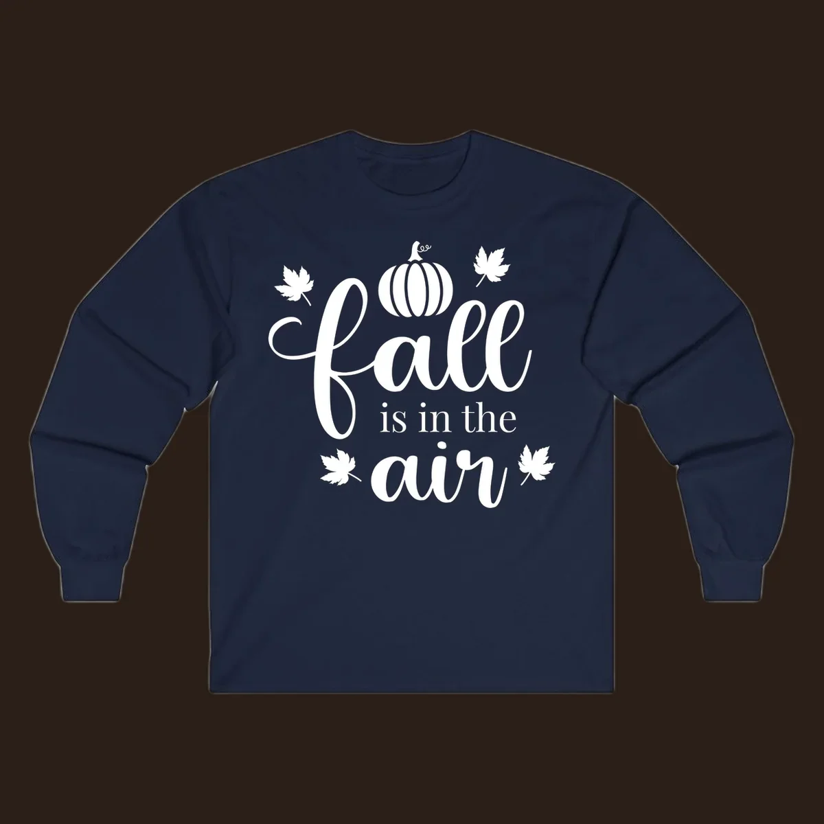 Fall is in the air phrase with pumpkin and maple leaves graphic.
