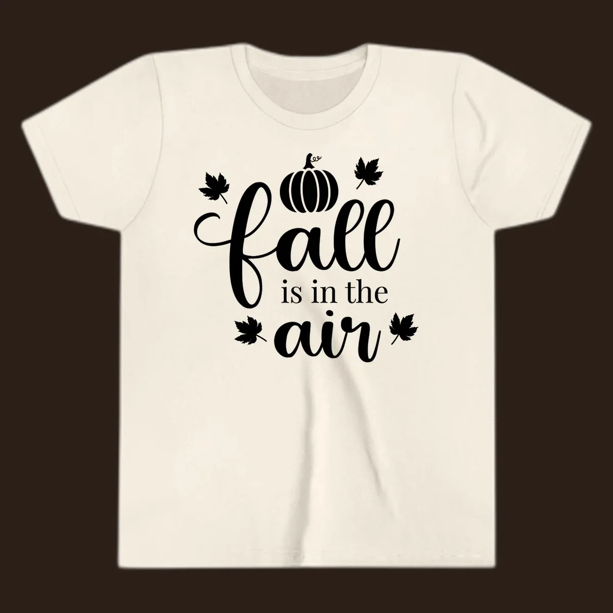 Fall is in the air phrase with pumpkin and maple leaves graphic.