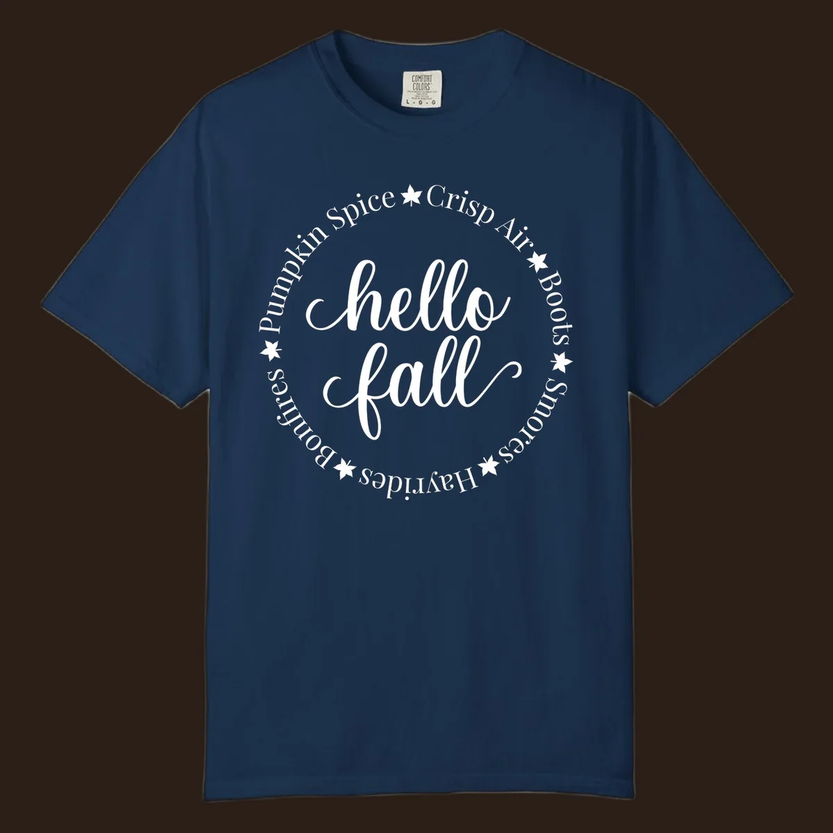 Hello fall autumn circle text design with stars.