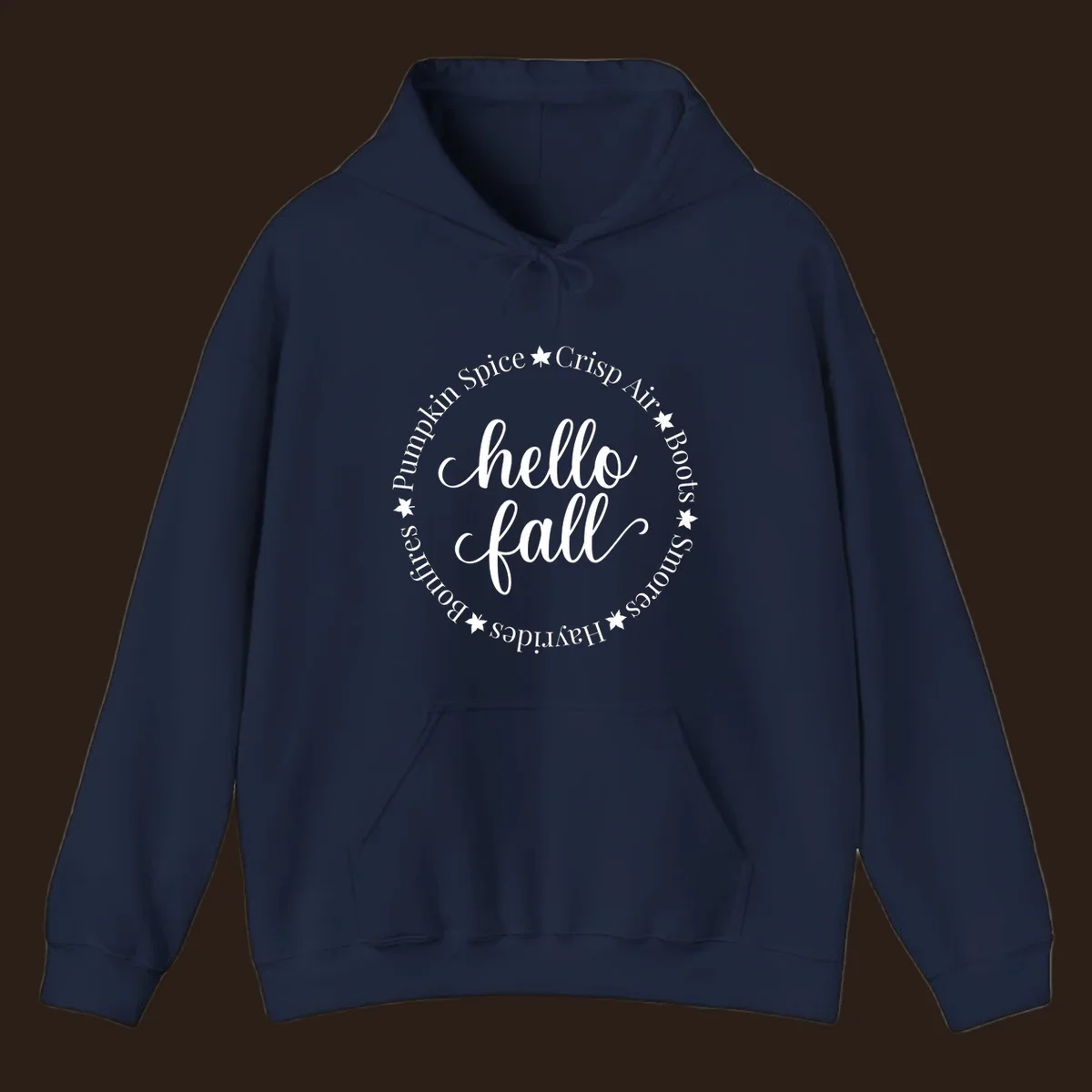 Hello fall autumn circle text design with stars.