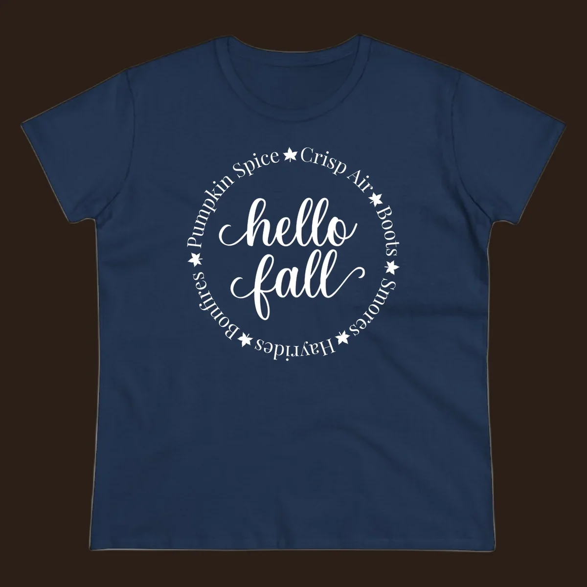 Hello fall autumn circle text design with stars.