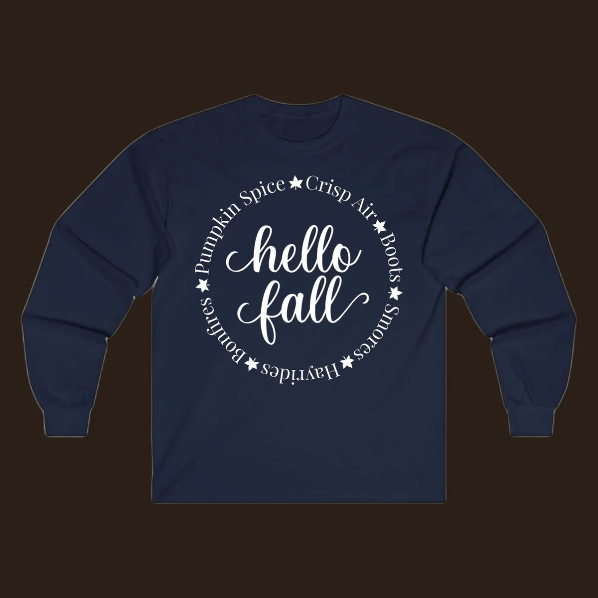 Hello fall autumn circle text design with stars.