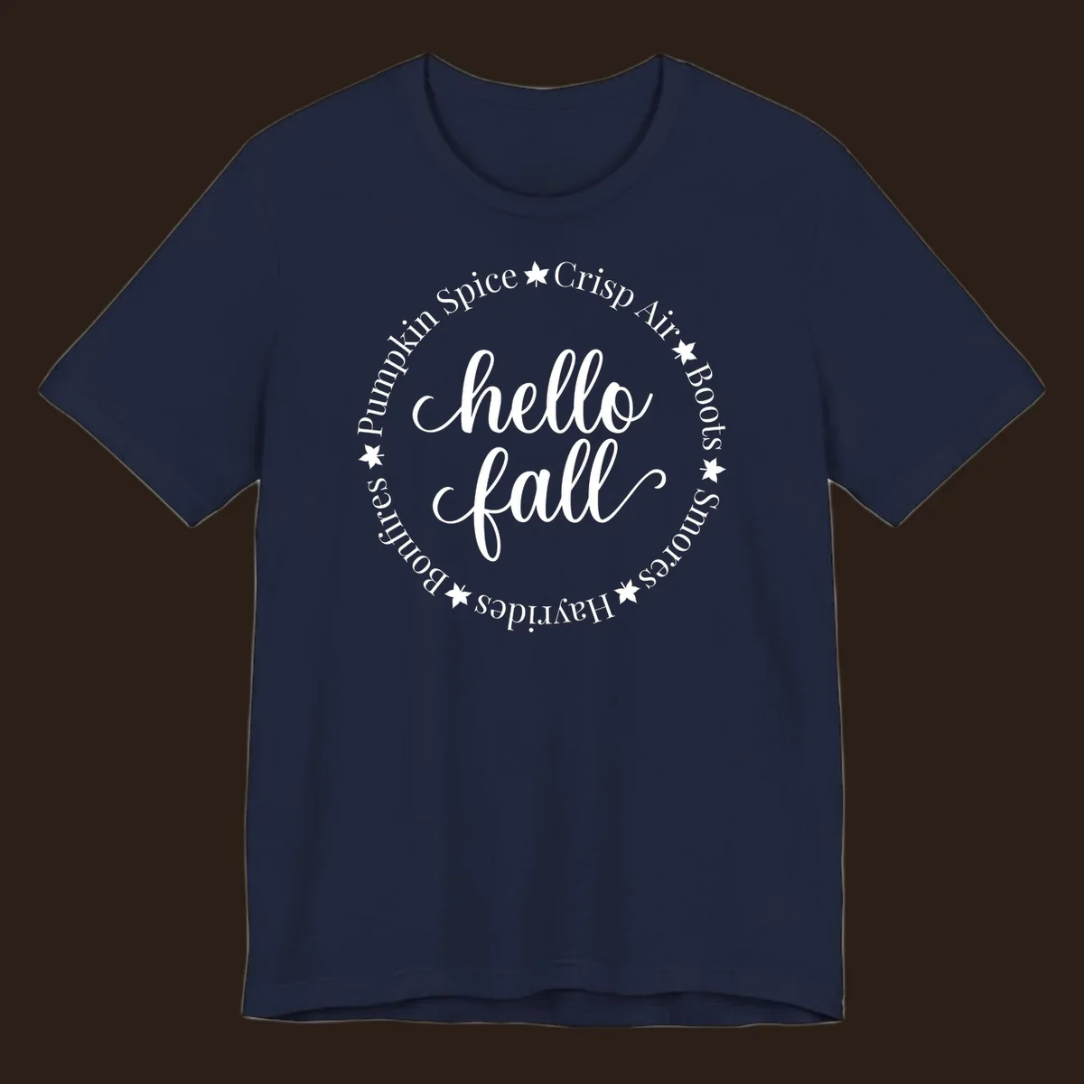 Hello fall autumn circle text design with stars.