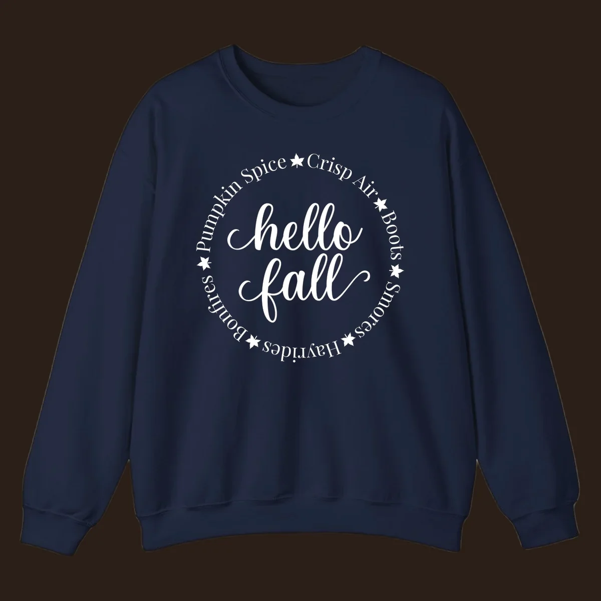 Hello fall autumn circle text design with stars.