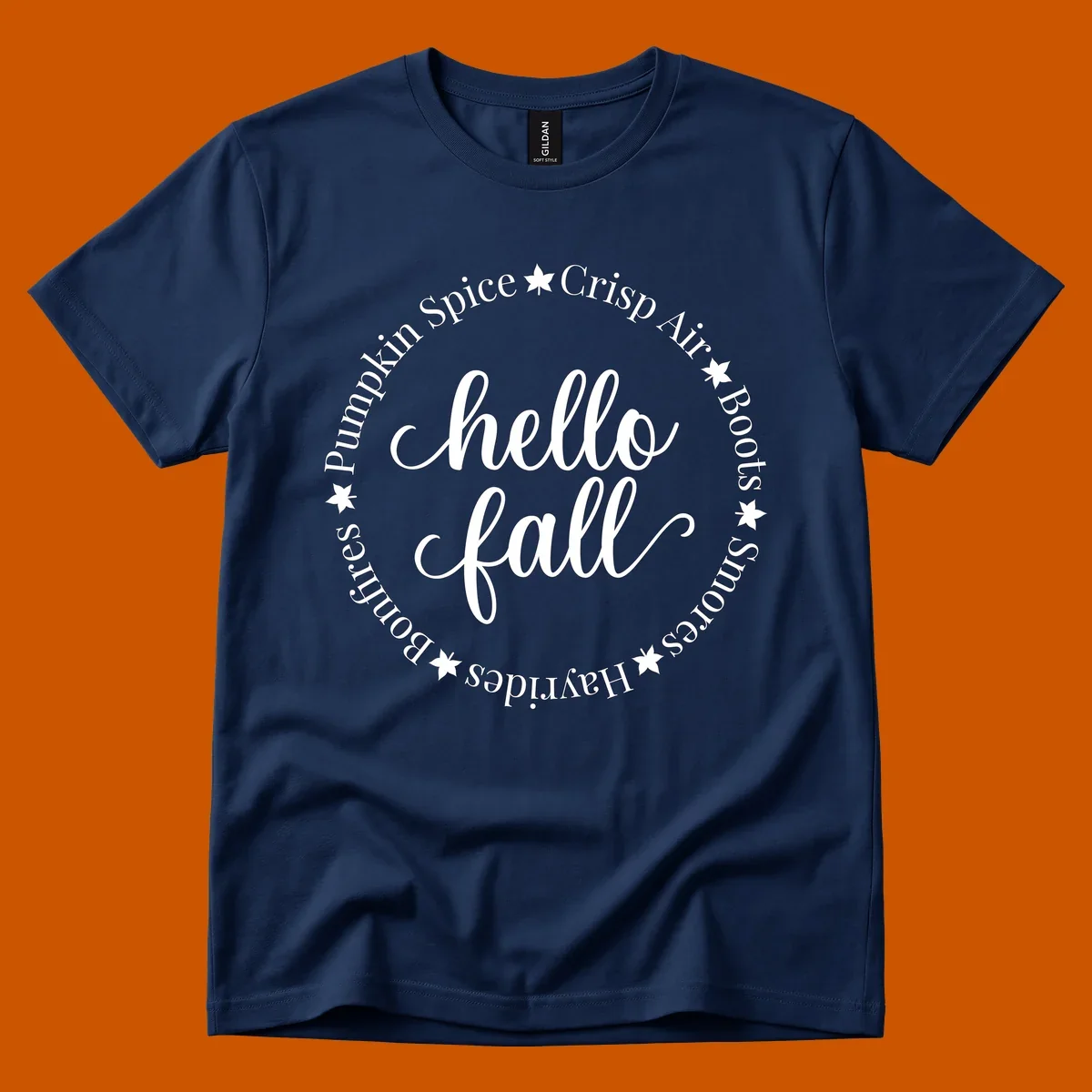 Hello fall autumn circle text design with stars.