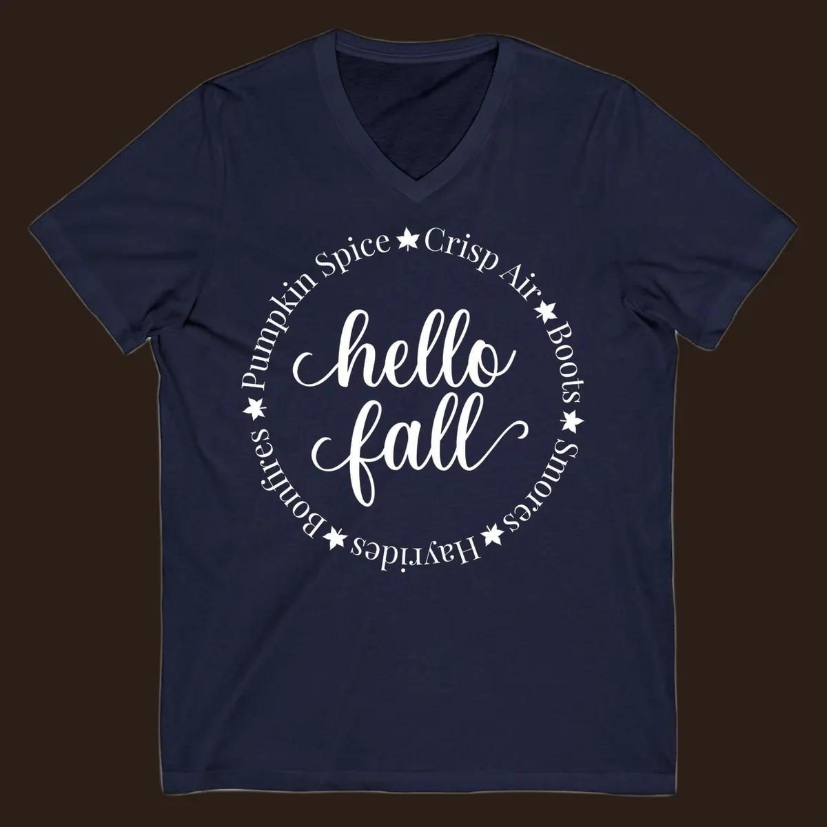 Hello fall autumn circle text design with stars.