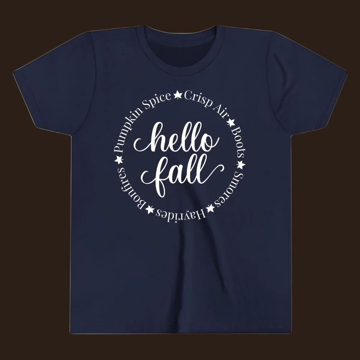 Hello fall autumn circle text design with stars.