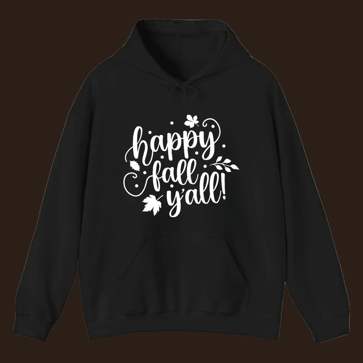 Happy Fall Y'all script design with maple leaves and swirls.