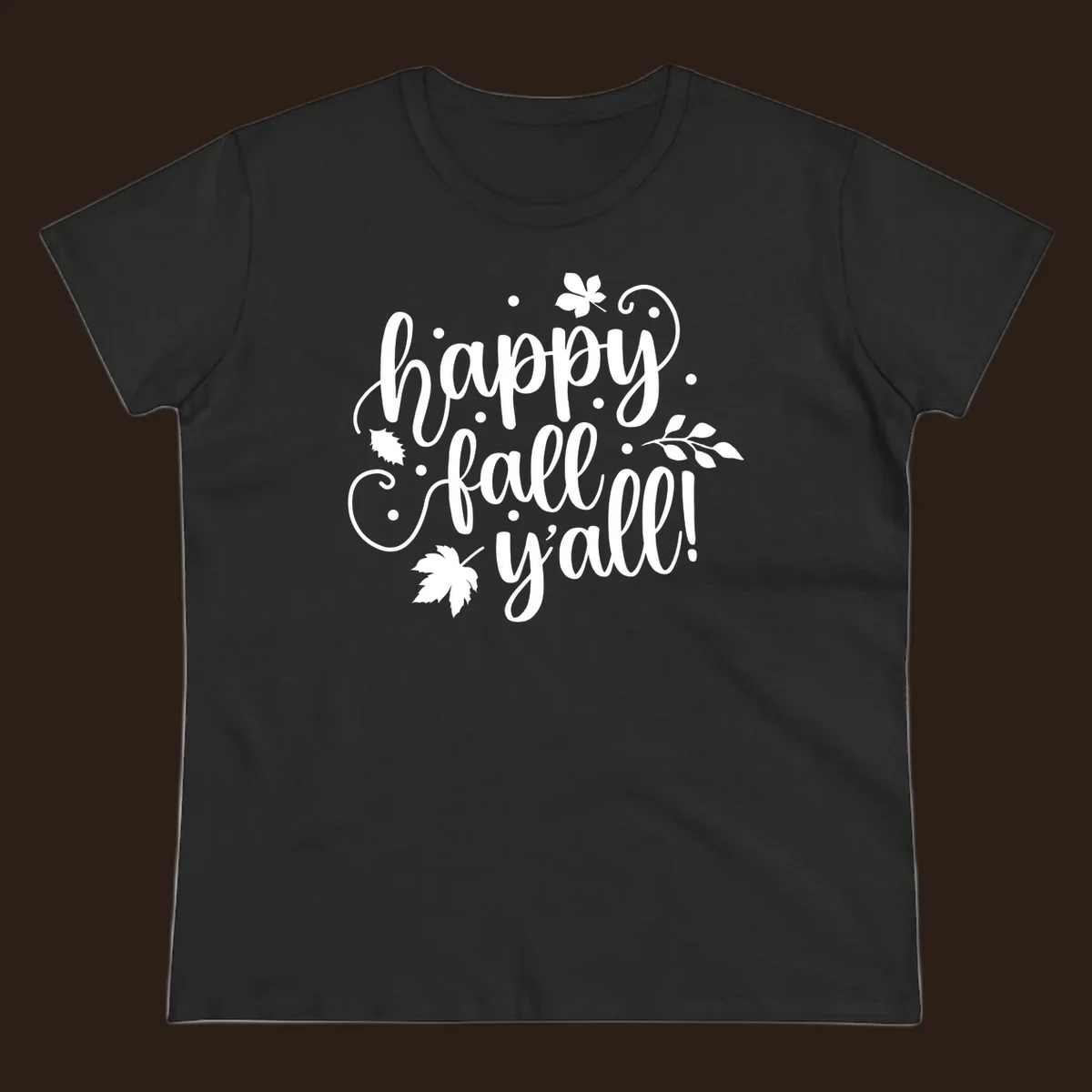 Happy Fall Y'all script design with maple leaves and swirls.
