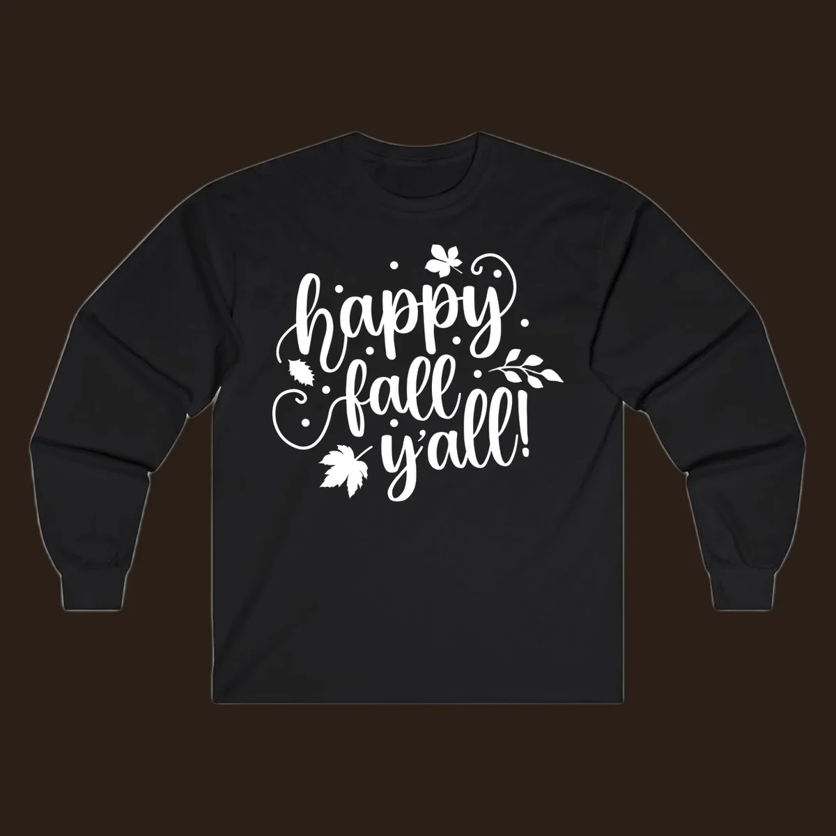 Happy Fall Y'all script design with maple leaves and swirls.