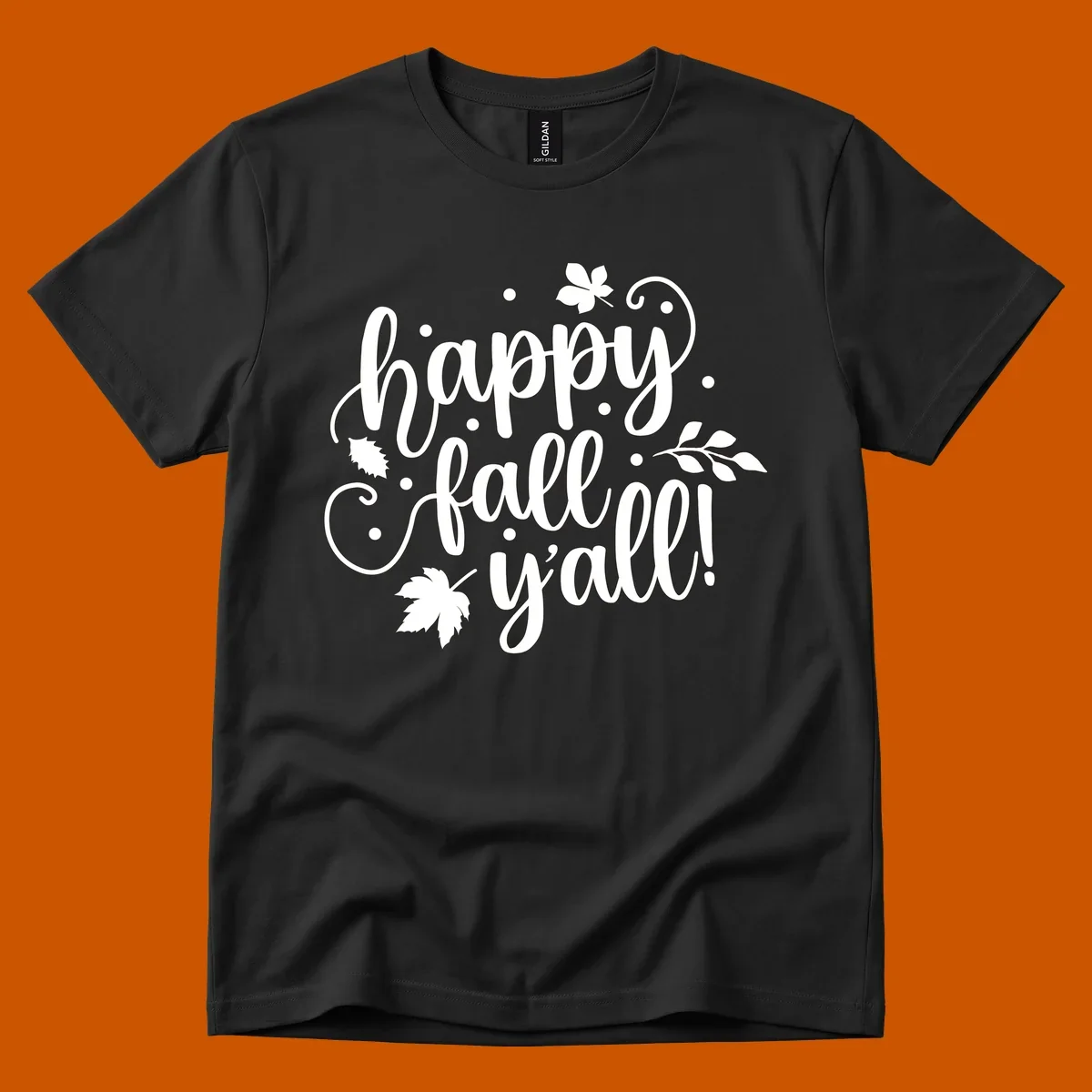 Happy Fall Y'all script design with maple leaves and swirls.