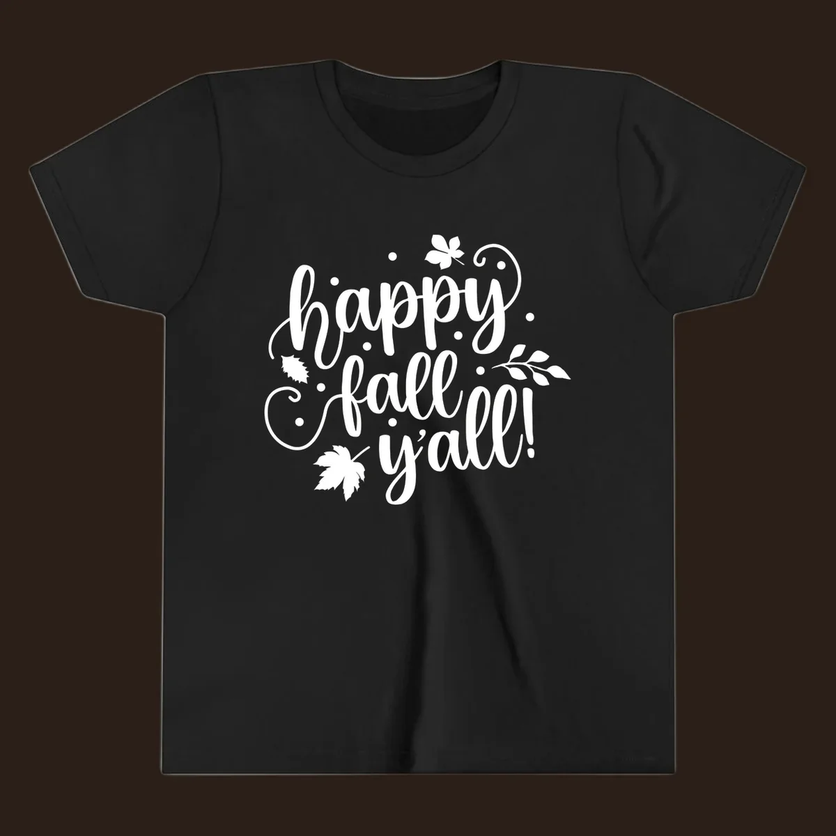 Happy Fall Y'all script design with maple leaves and swirls.