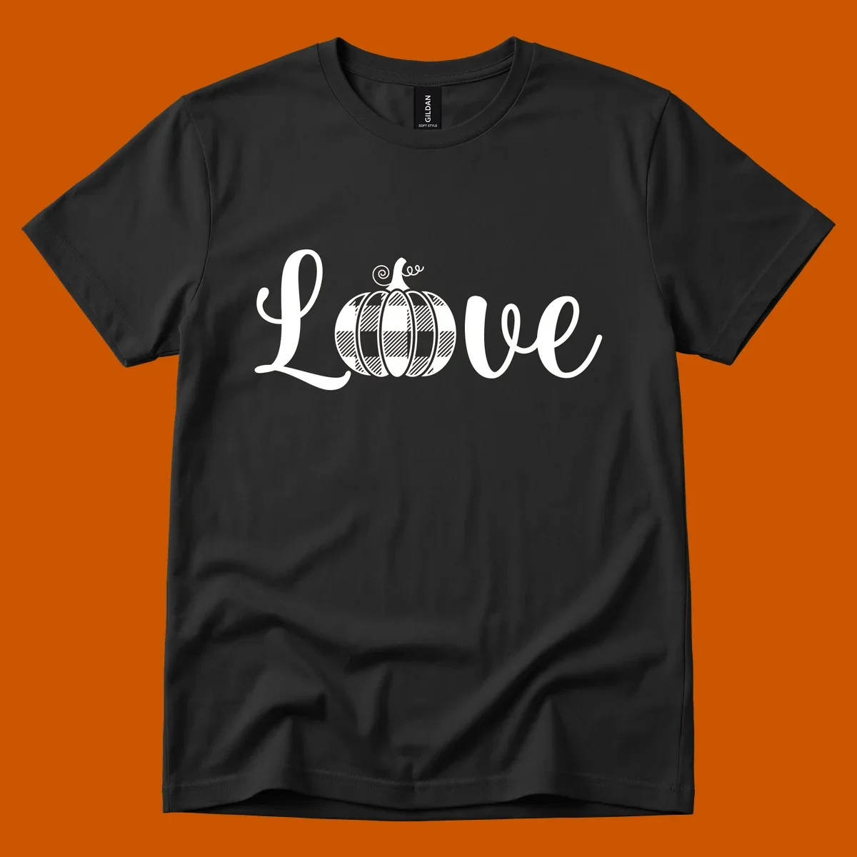 Love pumpkin buffalo plaid script text design.