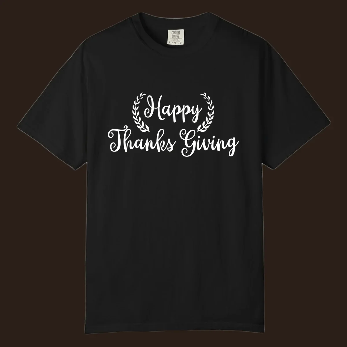 Happy Thanksgiving text with a laurel wreath, in white on black and black on white.