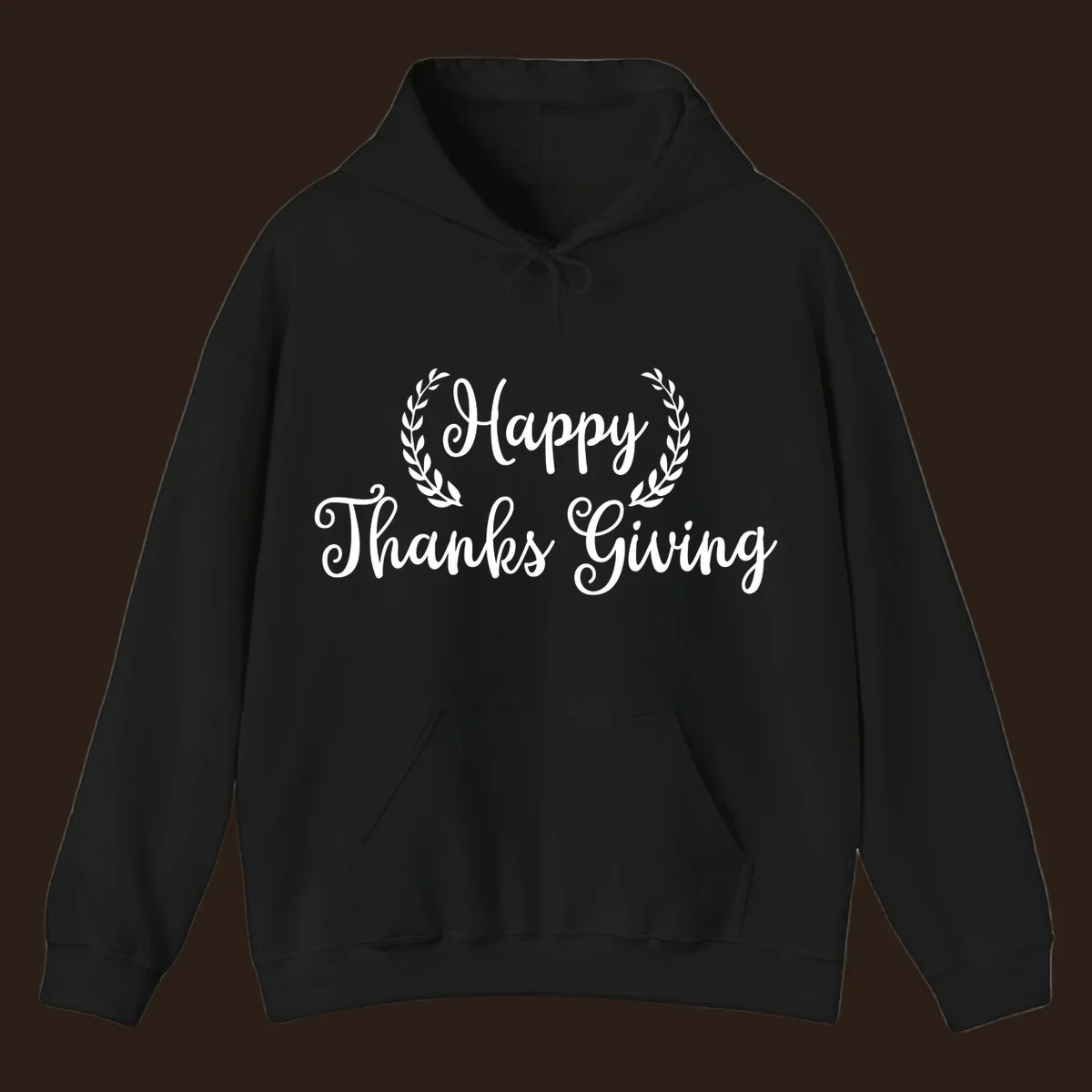 Happy Thanksgiving text with a laurel wreath, in white on black and black on white.