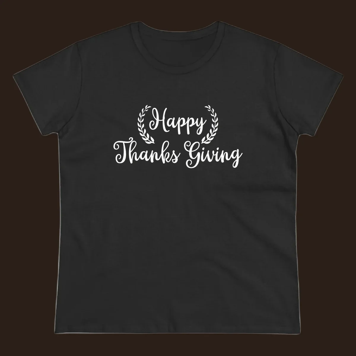 Happy Thanksgiving text with a laurel wreath, in white on black and black on white.