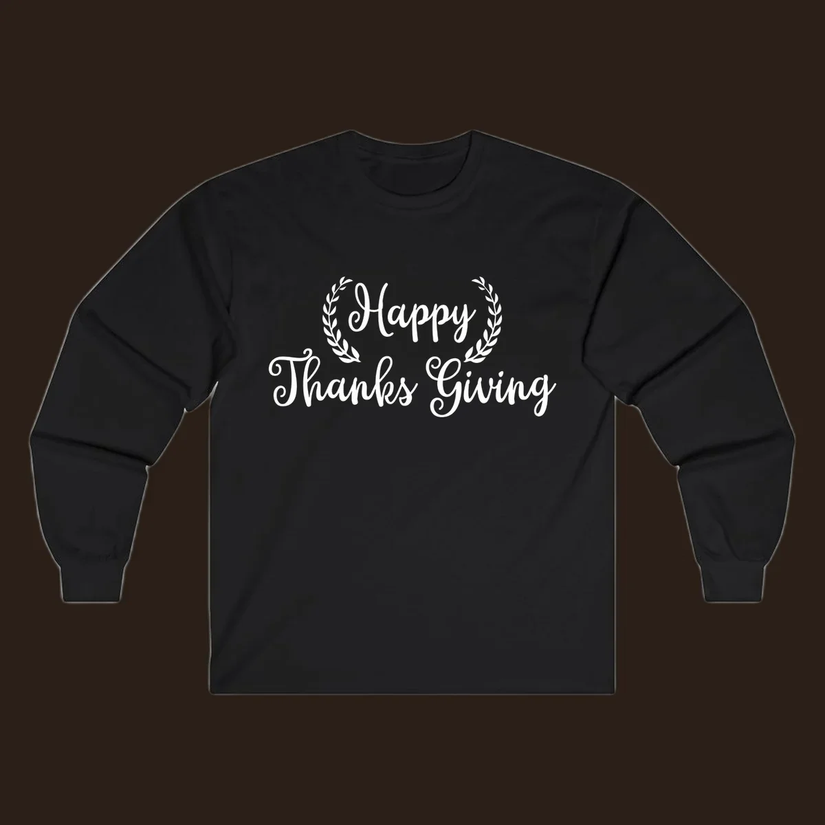 Happy Thanksgiving text with a laurel wreath, in white on black and black on white.