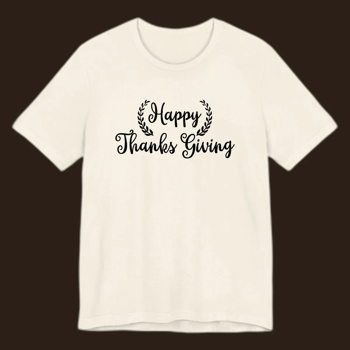 Happy Thanksgiving text with a laurel wreath, in white on black and black on white.