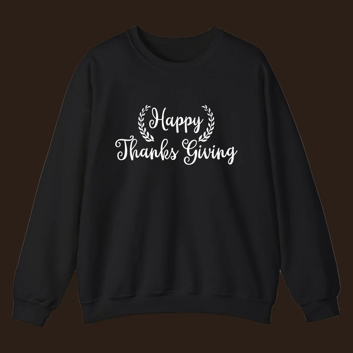Happy Thanksgiving text with a laurel wreath, in white on black and black on white.