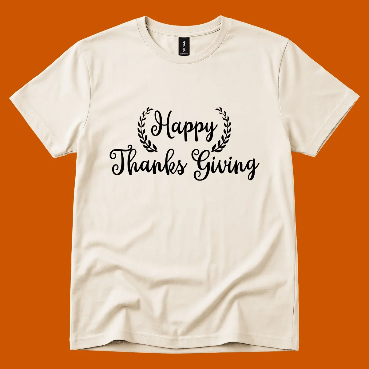 Happy Thanksgiving text with a laurel wreath, in white on black and black on white.