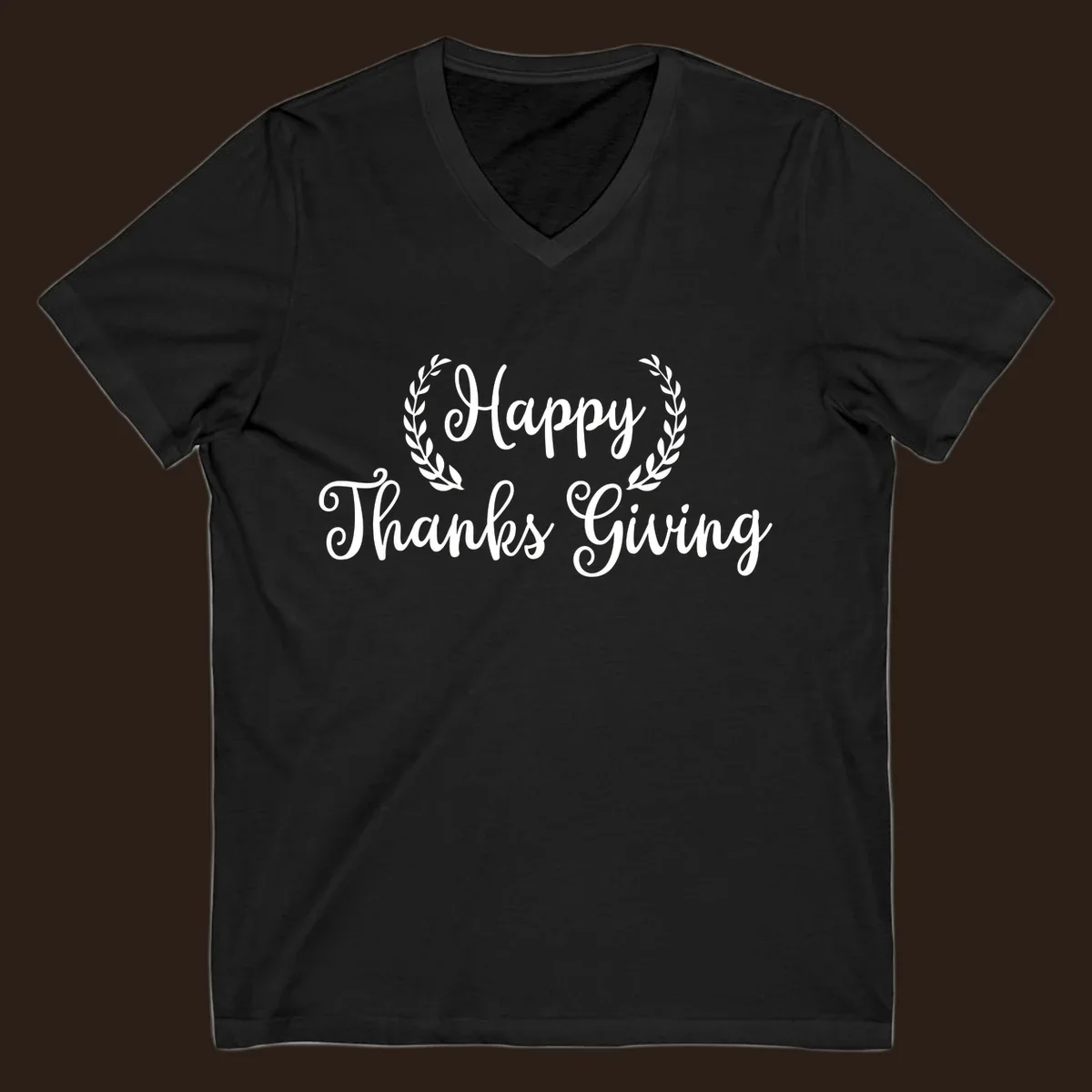 Happy Thanksgiving text with a laurel wreath, in white on black and black on white.