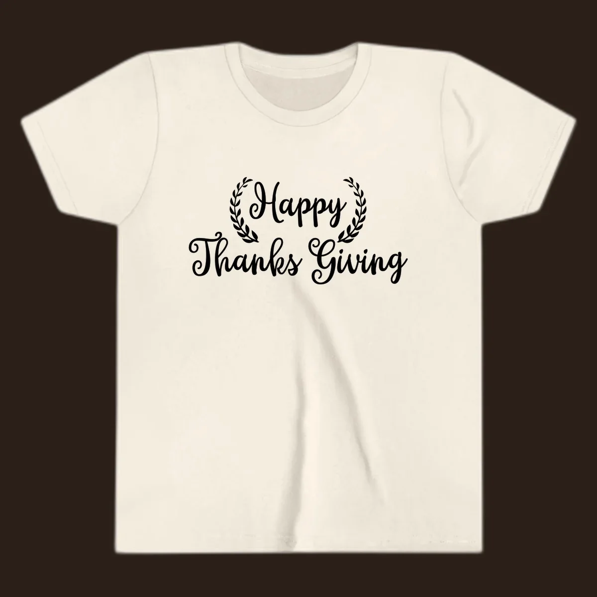Happy Thanksgiving text with a laurel wreath, in white on black and black on white.
