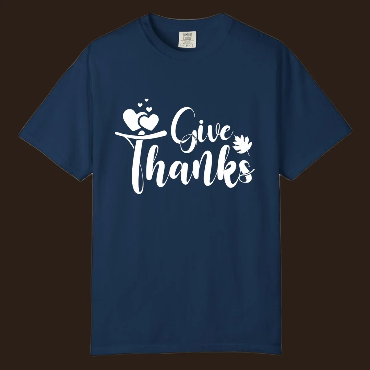 Give Thanks Thanksgiving family design with hearts and maple leaf.