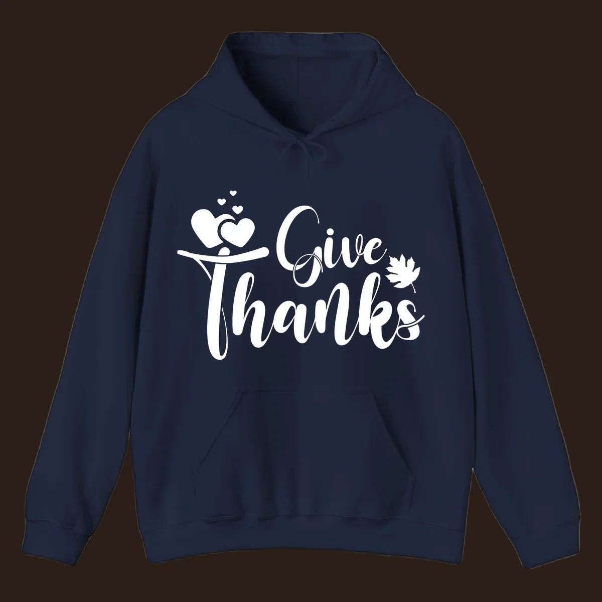 Give Thanks Thanksgiving family design with hearts and maple leaf.