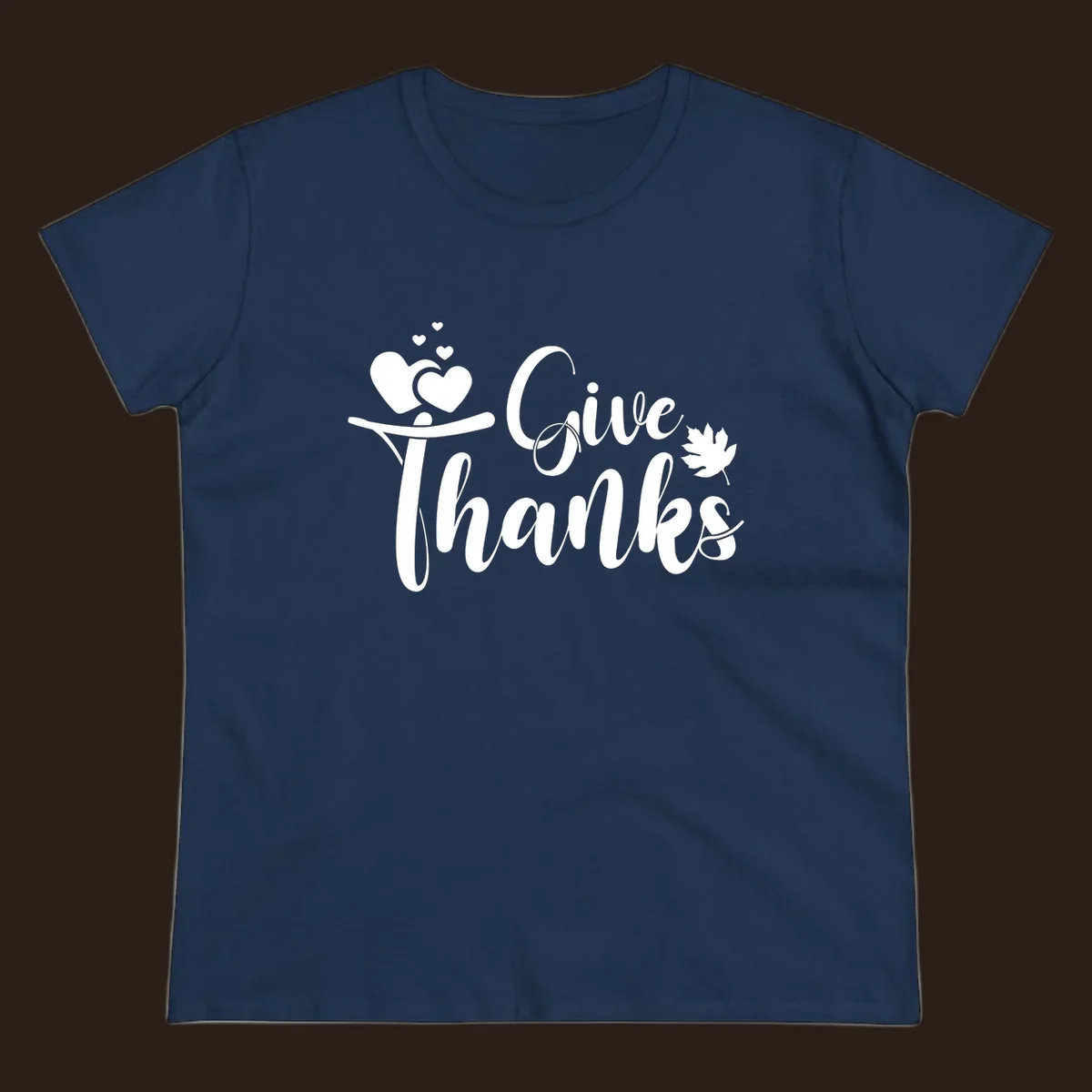 Give Thanks Thanksgiving family design with hearts and maple leaf.