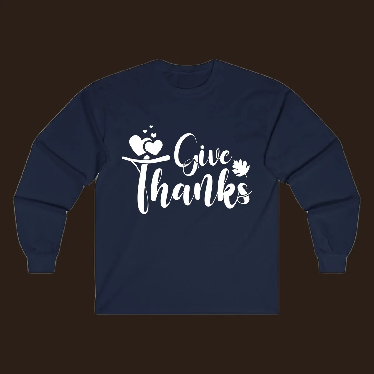 Give Thanks Thanksgiving family design with hearts and maple leaf.