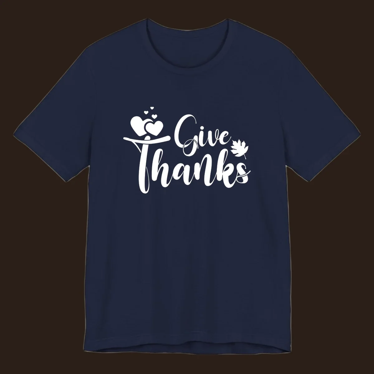 Give Thanks Thanksgiving family design with hearts and maple leaf.