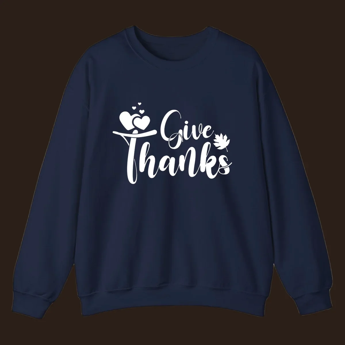 Give Thanks Thanksgiving family design with hearts and maple leaf.