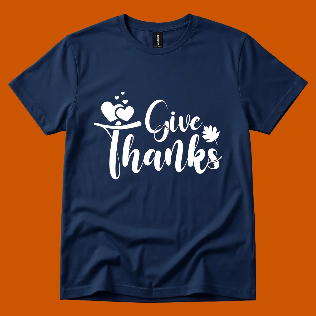 Give Thanks Thanksgiving family design with hearts and maple leaf.