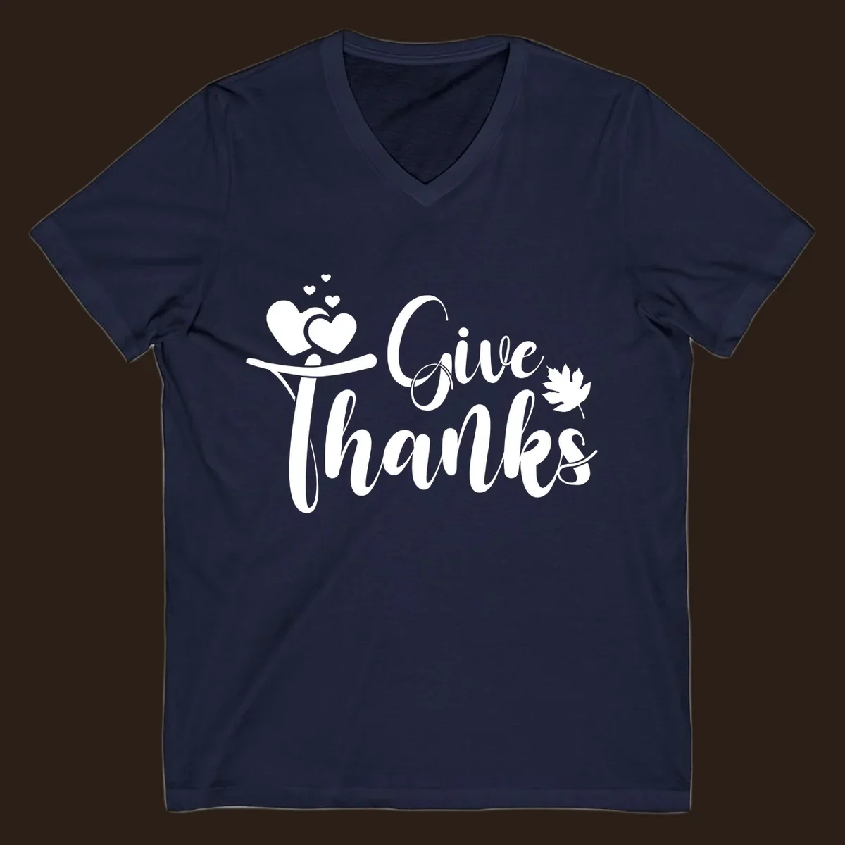 Give Thanks Thanksgiving family design with hearts and maple leaf.