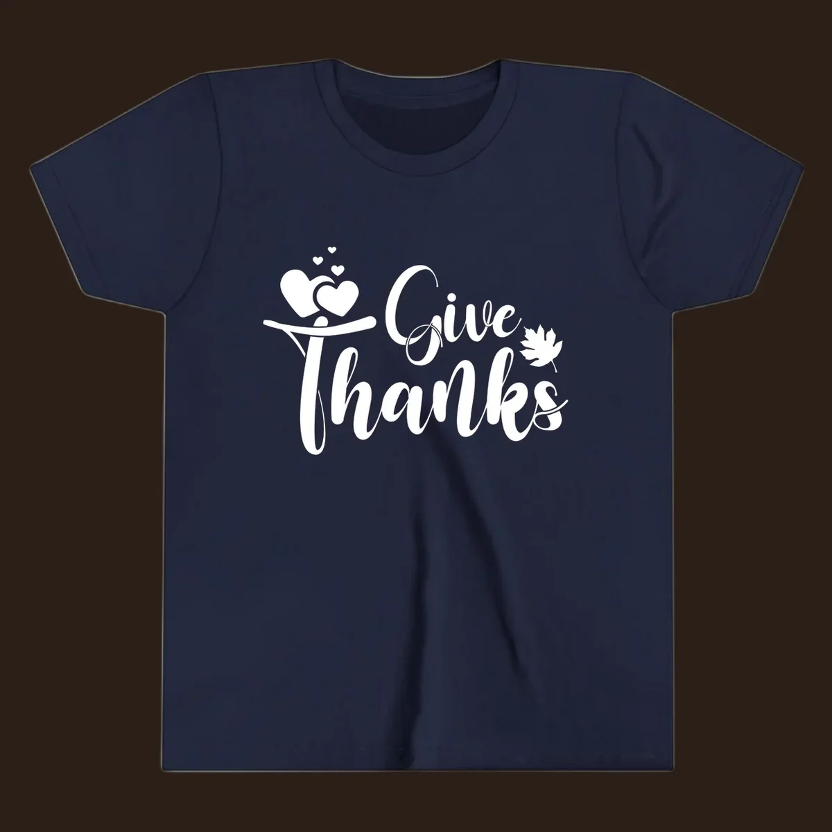 Give Thanks Thanksgiving family design with hearts and maple leaf.